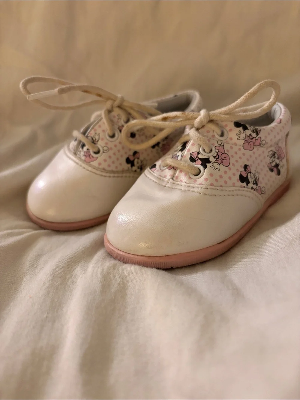 Vintage Disney Baby White and Pink Minnie Mouse Lace-Up Shoes